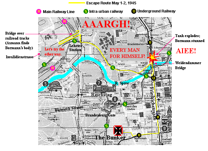 Static map of the escape route of Martin Bormann, May 1-2, 1945