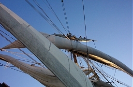 Image of crew setting main topgallant on the Tall Ship Bounty