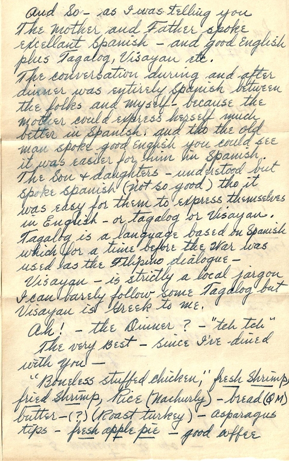 Letter on dinner with an upper class Filipino family: 1 January 1945: Richard (probably Leyte, P.I.) to Elizabeth (Camp Stoneman, CA)