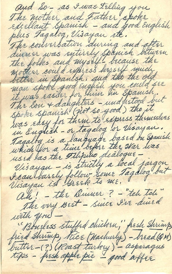 Letter on dinner with an upper class Filipino family: 1 January 1945: Richard (probably Leyte, P.I.) to Elizabeth (Camp Stoneman, CA)