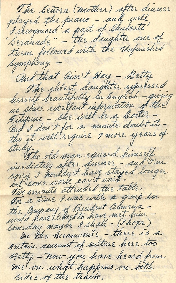 Letter on dinner with an upper class Filipino family: 1 January 1945: Richard (probably Leyte, P.I.) to Elizabeth (Camp Stoneman, CA)