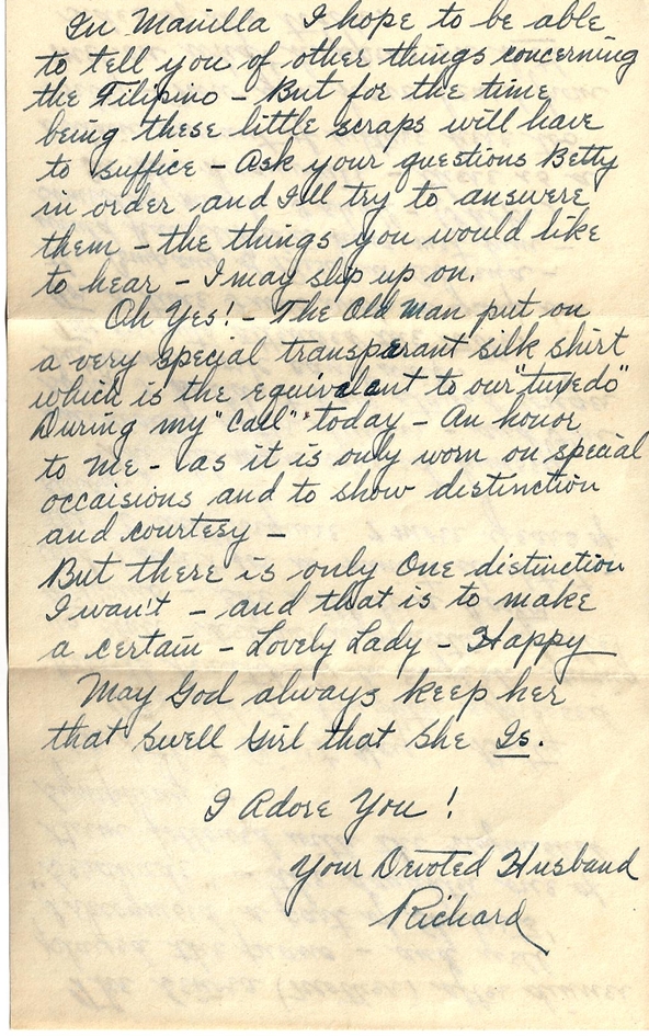 Letter on dinner with an upper class Filipino family: 1 January 1945: Richard (probably Leyte, P.I.) to Elizabeth (Camp Stoneman, CA)