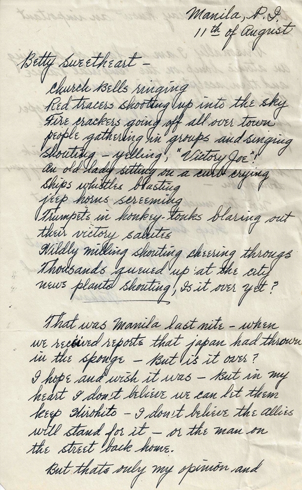 Celebrations in Manila on news of Japanese surrender: 11 August 1945: Richard (Manila, P.I.) to Elizabeth (Lexington, VA)