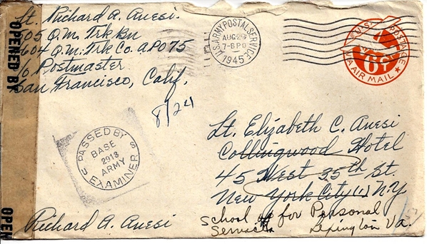 Letter on MacArthur's honorary doctor of laws degree and swimming in Pasig river: 24 August 1945: Richard (Manila, P.I.) to Elizabeth (Lexington, VA)