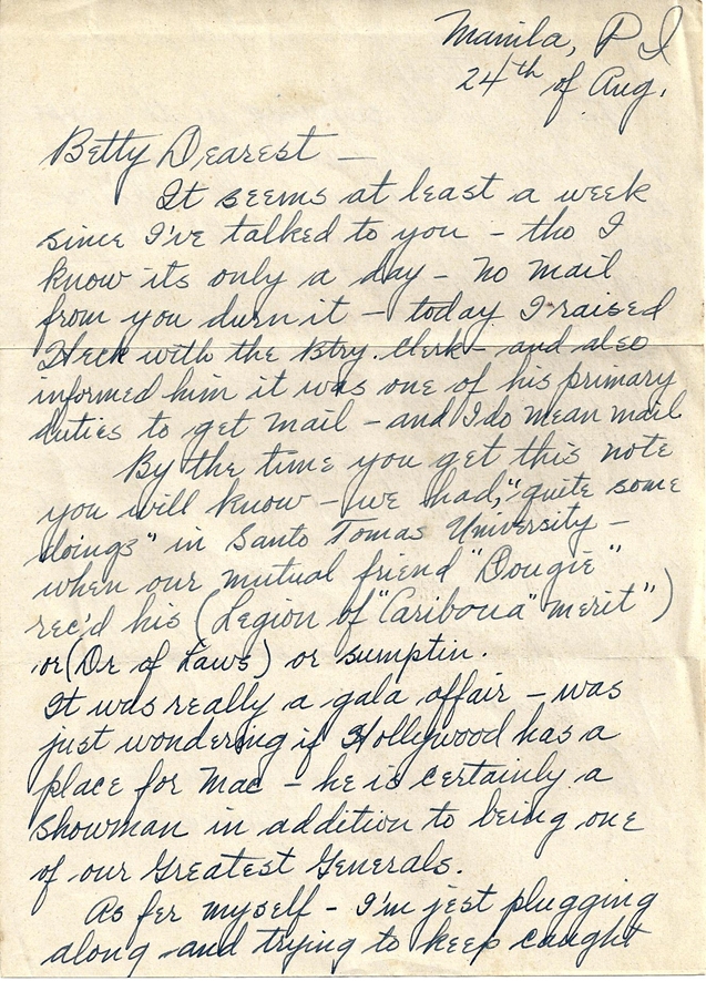 Letter on MacArthur's honorary doctor of laws degree and swimming in Pasig river: 24 August 1945: Richard (Manila, P.I.) to Elizabeth (Lexington, VA)