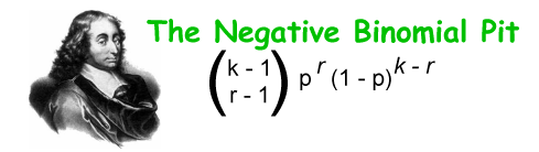 Image of Blaise Pascal with probability mass function for the negative binomial distribution