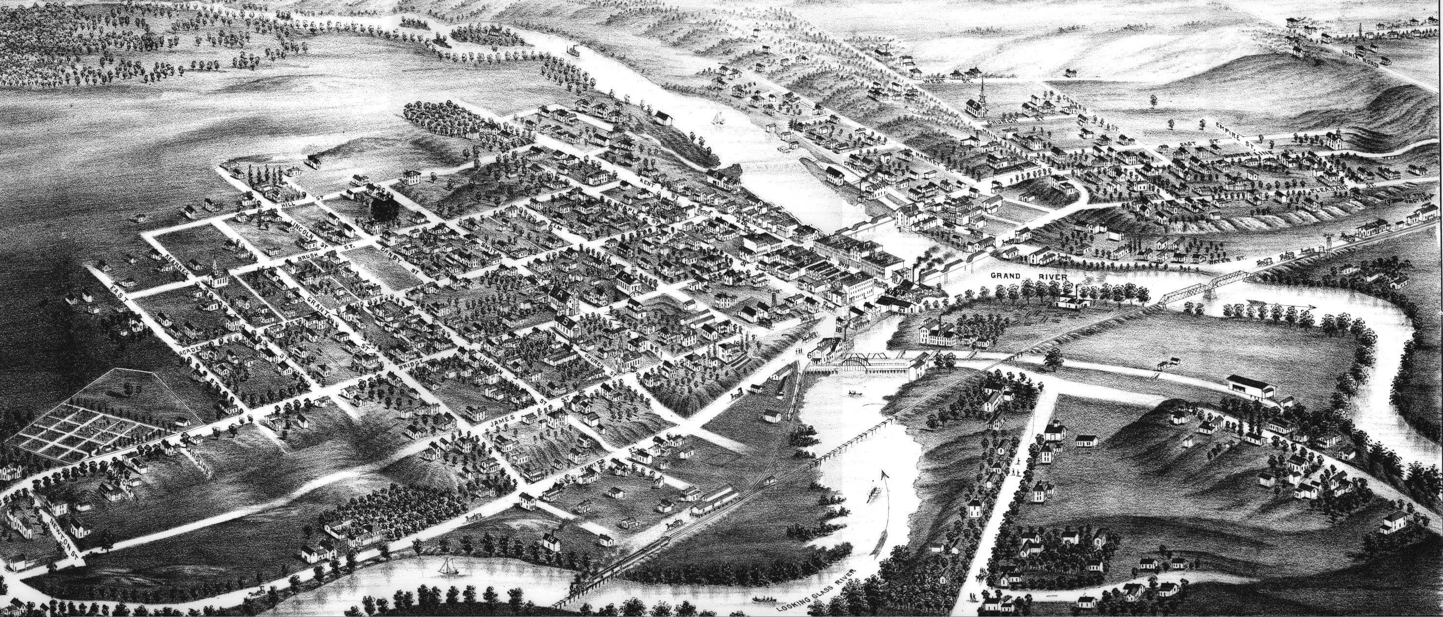 Pictorial perpective map of Portland, Ionia County, Michigan in 1881