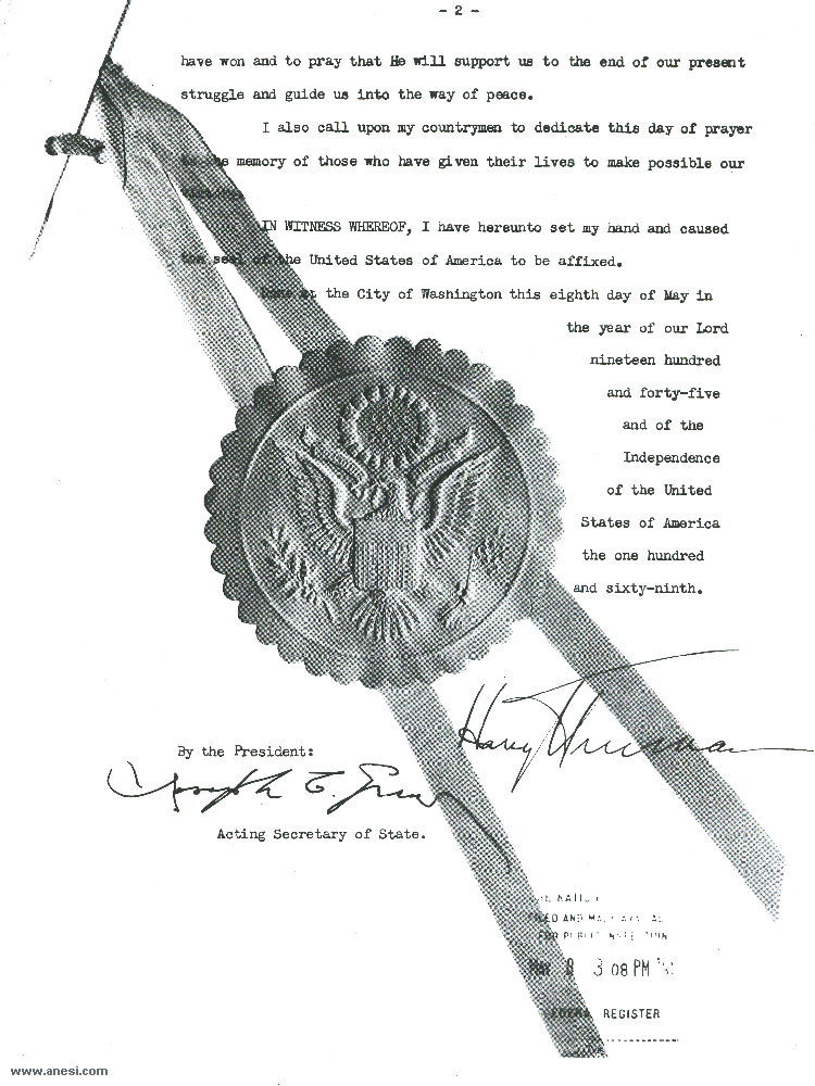 President Truman's proclamation of May 8, 1945, proclaiming the end of the war in
  Europe and designating Sunday, May 13, as a day of prayer and thanksgiving. Page 2 of 2.